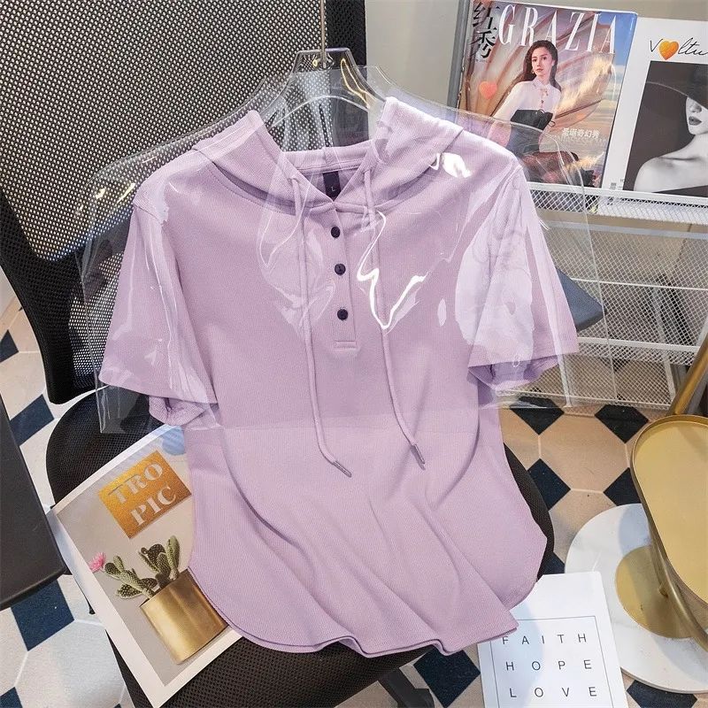 Summer Korean-style Casual All-match Simple Hooded Top Women's Irregular Slim-fit Loose Belly-covering T-shirt Trendy Base Shirt