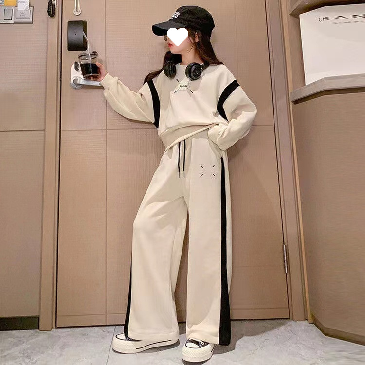 Girls' Casual Suit for Middle and Large Children, 2025 Spring & Fall New Style Spliced ​​Sweatshirt, Wide-Leg Pants, Small Fragrance Two-Piece Set