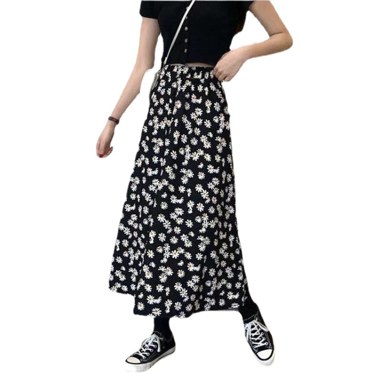 Fresh-Style Daisy Printed Skirt High-Waist Slimming Women's Wear Out-of-the-Street Long All-Match A- Line Dress for Summer