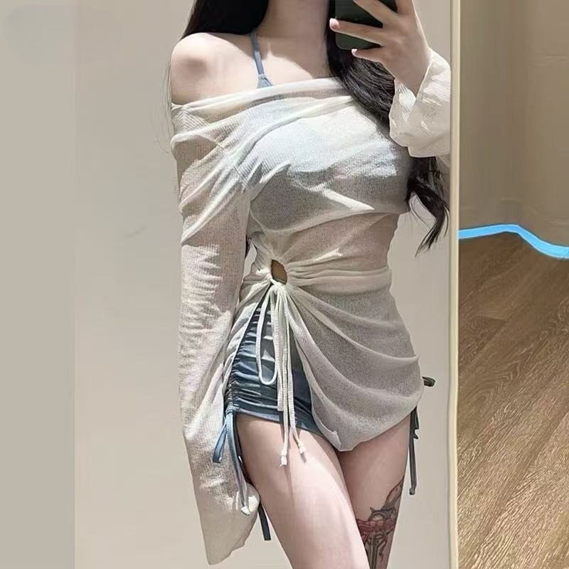 New Tie-dye Blue Sports Split Flat-angle Bikini Blouse Three-piece Swim Sexy Belly-covering Slimming Spice Girl