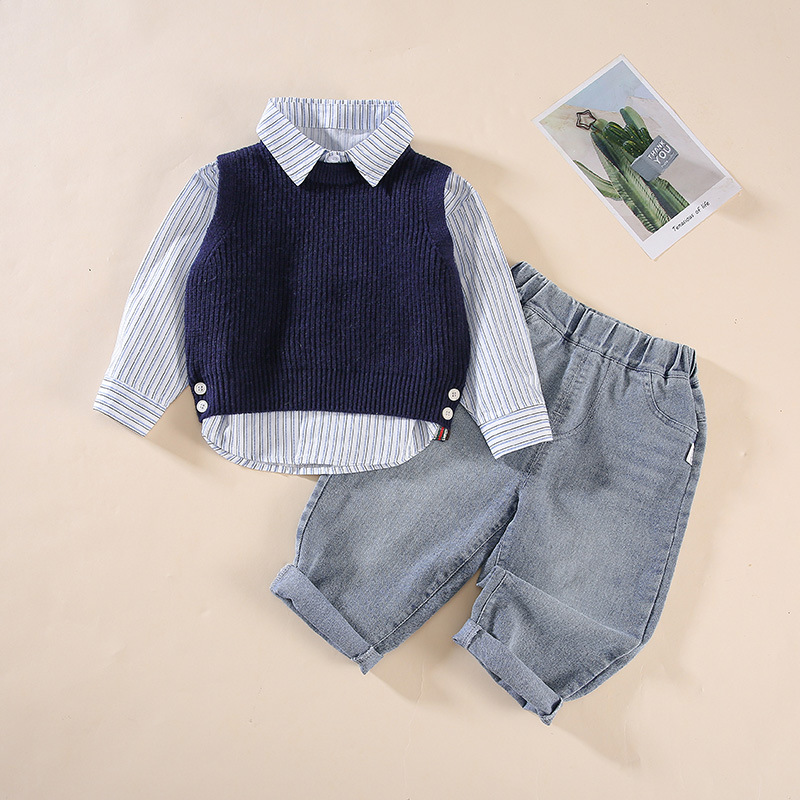 Children's Wear Baby Spring and Autumn suit Children's All-match Sweater Shirt Three-piece Set Little Boy Autumn Western-style Sweater suit