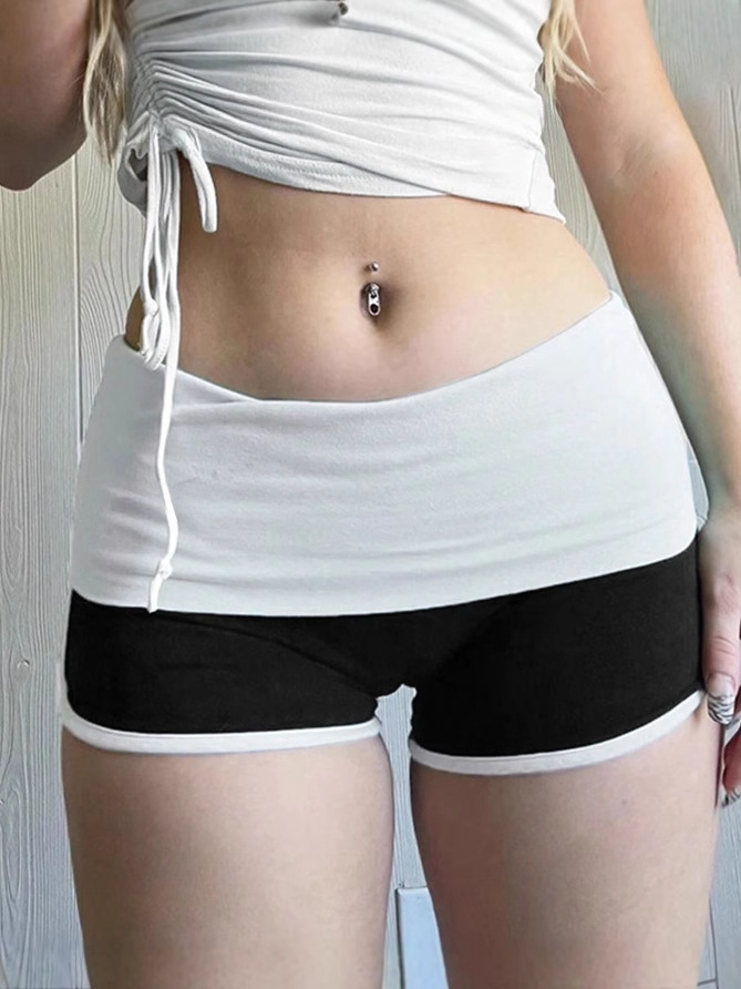 Amazon 2025 European and American Color Matching Flanging Low Waist Tight Shorts Elastic Sports Casual All-match Yoga Hot Pants