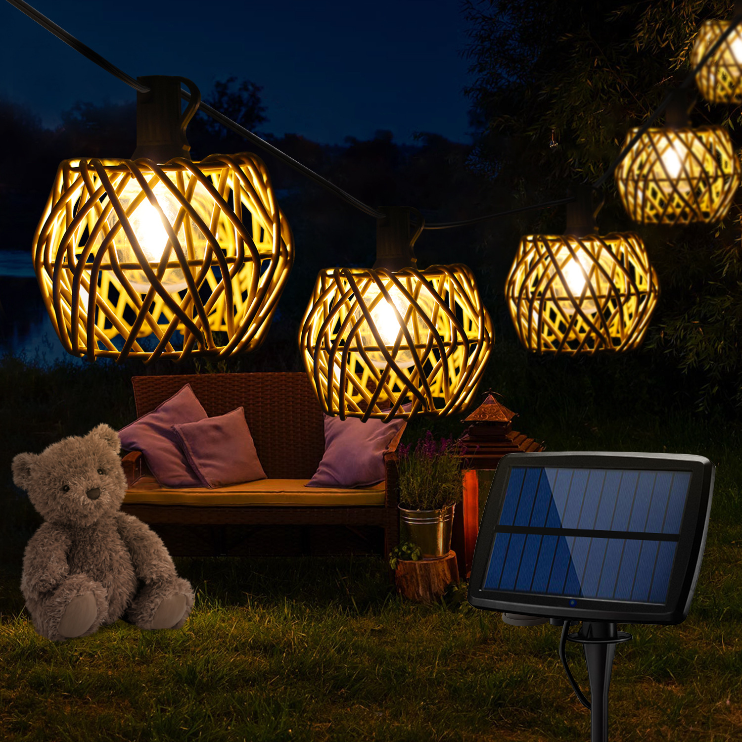 New solar lamp string outdoor rainproof G40 lamp string imitation rattan lampshade E12 lamp Christmas holiday decorative lamp generation