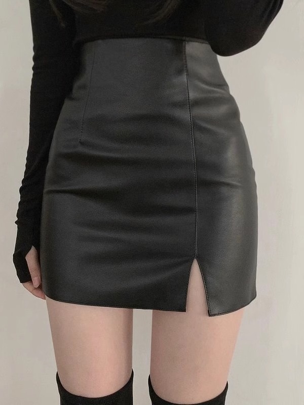 Black Split Small Leather Skirt Skirt Women's Autumn New Tight High Waist Hip Slimming One-step Skirt PU Leather Skirt