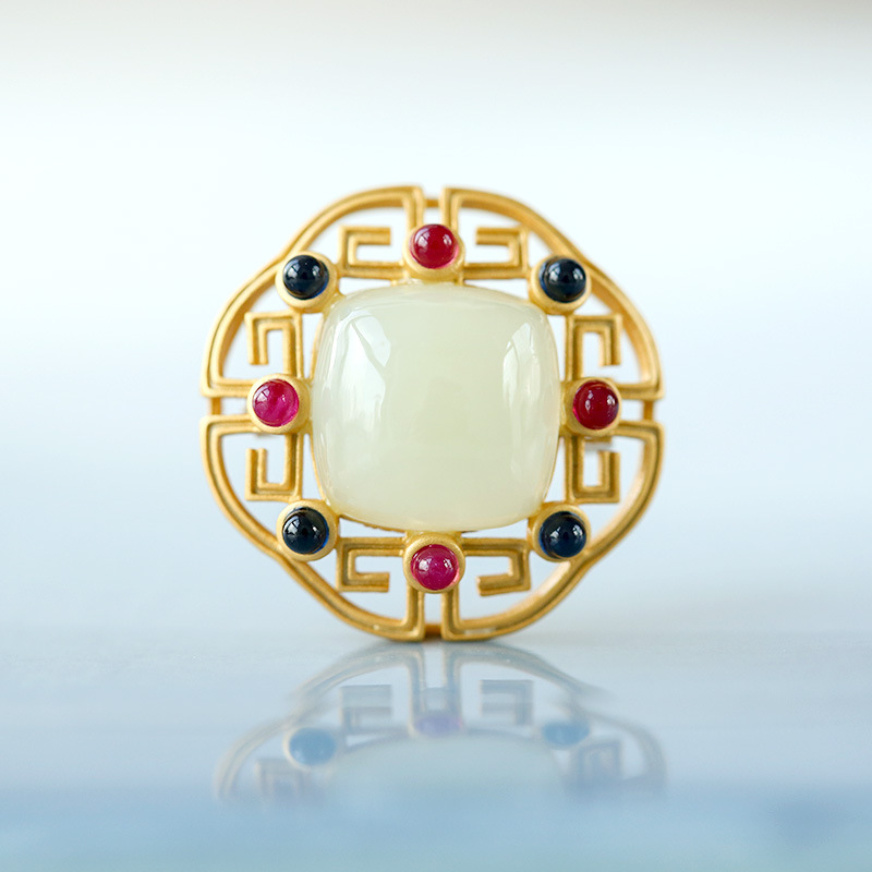 Huibaoli S925 silver inlaid Hetian Jade hollow edge design Square fashion exquisite dual-purpose brooch pendant