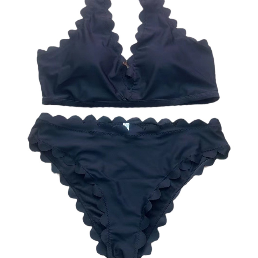 European and American 2023 Bikini Women's Sexy Split Triangle Solid Color Slim Lace Neck Swimsuit
