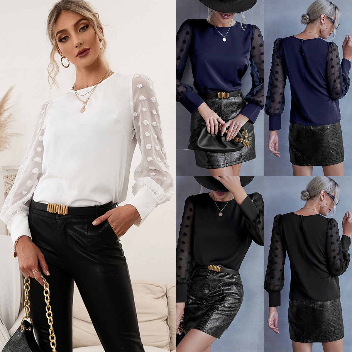 2024 women's wish Amazon ebay autumn and winter New stitching round neck solid color jacquard polka dot long sleeve shirt now