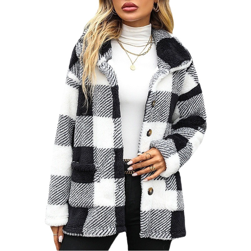 Picture of Flash velvet European and American fashion autumn and winter women's lapel long sleeve long plaid single breasted double-sided velvet casual coat