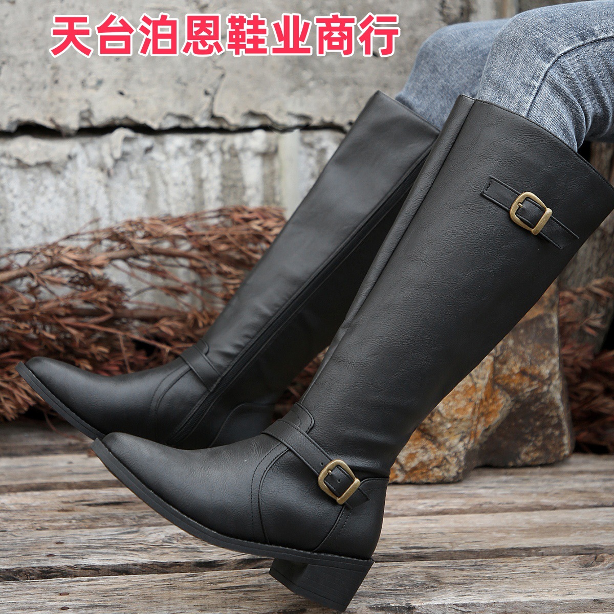 Picture of Foreign Trade Europe & America In-Stock 2025 Cross-border Round Toe Side Zipper Belt Buckle Square Heel Women's Boots Autumn/Winter New Mid-Calf Boots