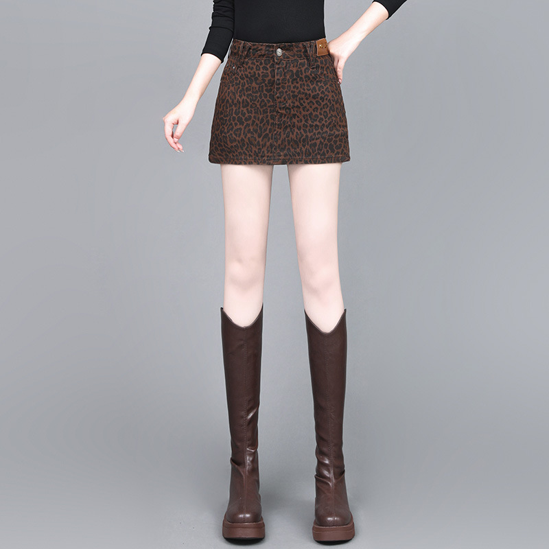 Picture of American Retro Spice Girl Leopard Print High Waist Denim Skirt 2024 Autumn New Belly Covering Slim A- line Skirt