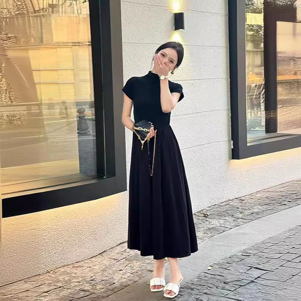 French style elegant socialite dress black retro dress summer women's slimming small black dress niche long dress