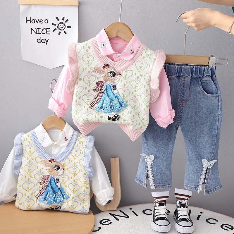 Baby Girl's Autumn Clothes suit Girl's Western-style Knitted Vest Three-piece Set Baby's Spring and Autumn Clothes Children's Fashion