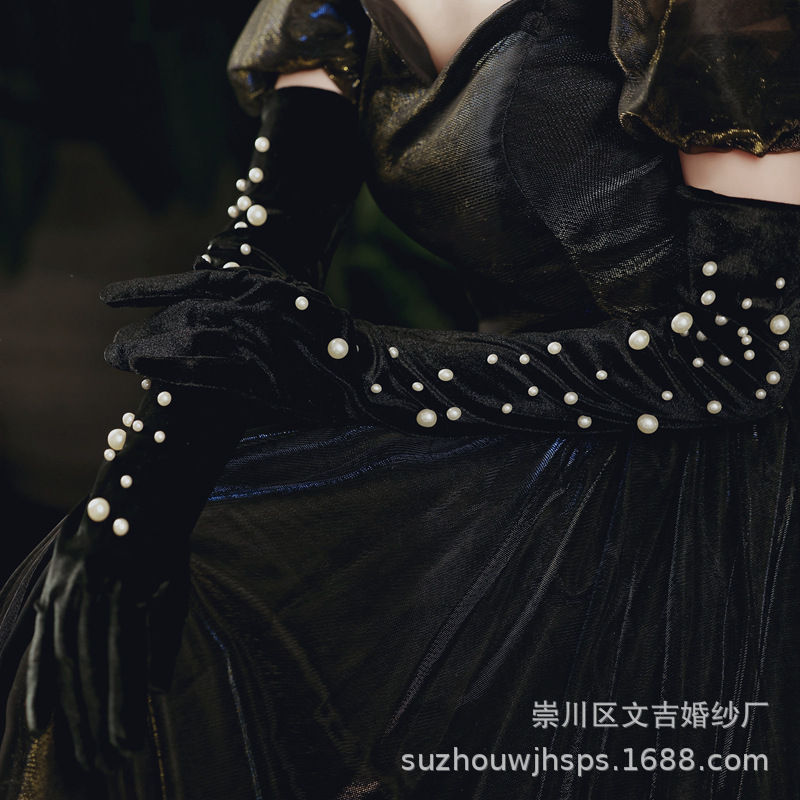 Picture of Long Velvet Glove Cloth Stud Pearl Finger Black Women's Dress Evening Banquet French Jewelry Bride Warm for Autumn and Winter