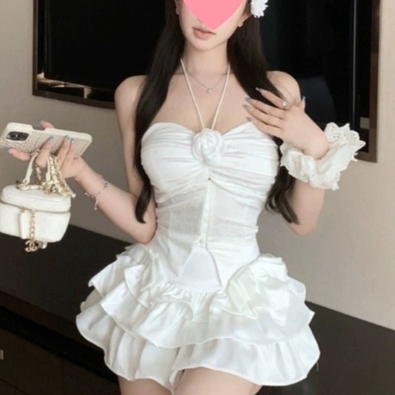 French Style Pure Neck Hanging Flower Tube Top Hot Girl Camisole Women's Summer New Design Sense Outer Wear Elegant Top