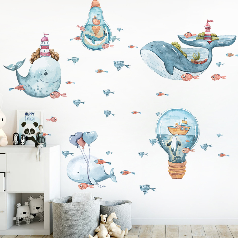 Creative Underwater World Whale Wall Stickers Cartoon Children's Room Background Wall Decoration Kindergarten Ocean Stickers