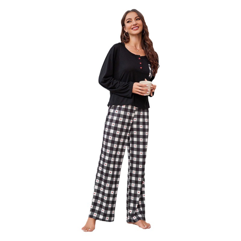 Amazon Cross-border European and American Pajamas Women's Spring and Autumn Plaid Long-sleeved Cardigan Home Clothes Two-piece Foreign Trade AliExpress