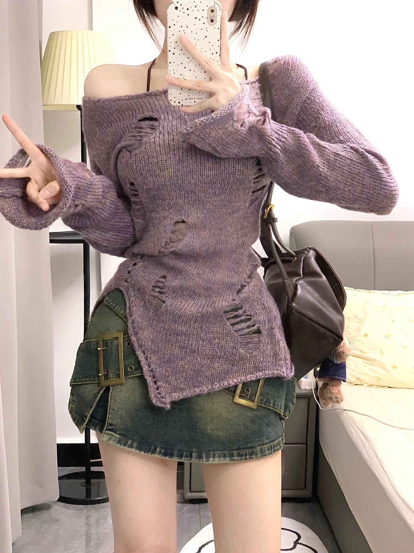 Hollow-out knit top purple top for women, 2025 early autumn new cover-up, irregular off-shoulder layer, base layer trendy