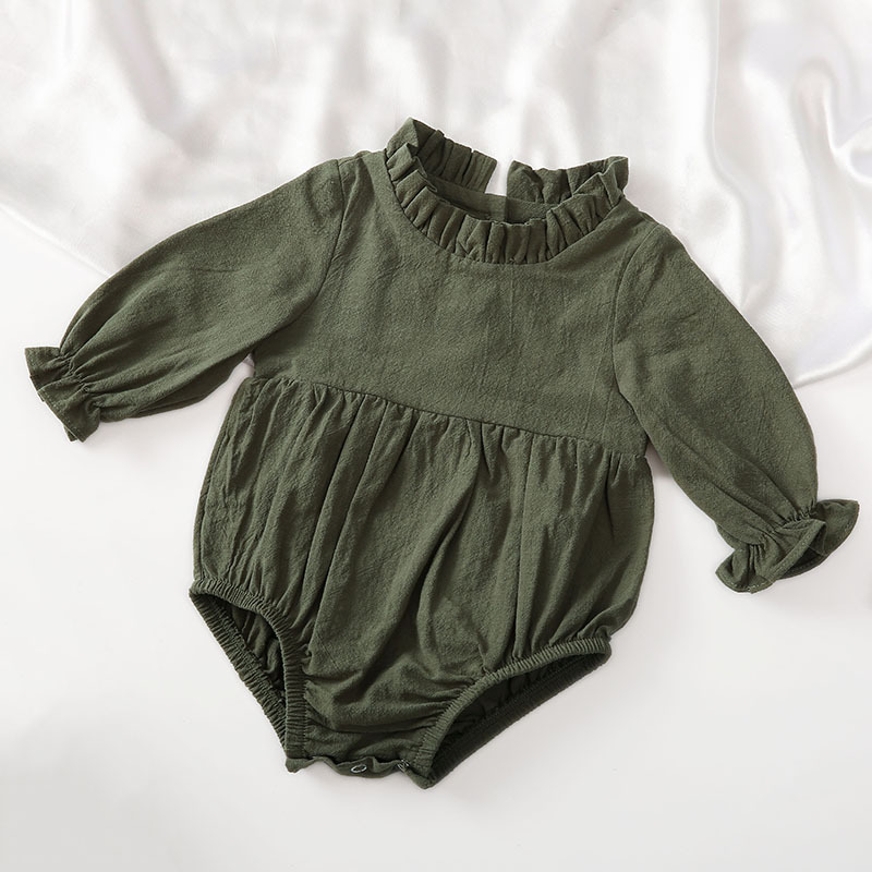 Picture of Cross-border New Long-sleeved Cotton and Linen Newborn Hatshirt Solid Color Flying Sleeve Lace Collar Baby Jumpsuit Children's Hatshirt