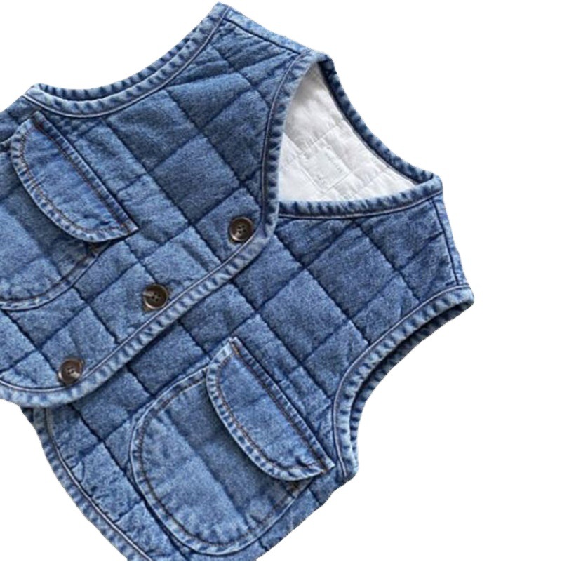 Picture of Children's Korean-style winter casual jacket for boys and girls vintage washed distressed quilted plaid baby Denim vest