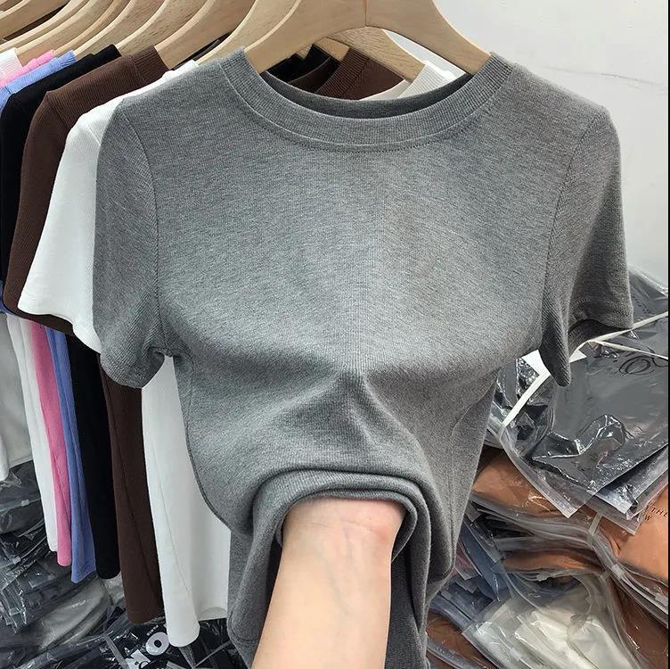 Picture of [Multi-color optional] high-grade solid color mask T-shirt women's short sleeve summer new slim slim base shirt top