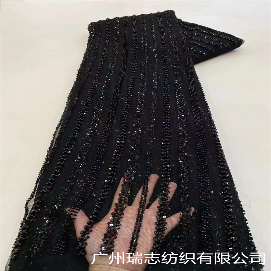 Picture of Bubble Stripe Crystal Sequins Beaded Tube Embroidered Mesh Fabric French Wedding Dress Xinjiang Hair Hat Dress Embroidered Cloth