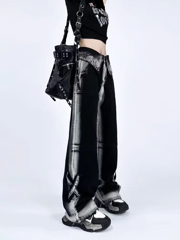 American-style Dopamine High Street Flanged Jeans Women's Autumn New Design Sense Loose Slimming All-match Wide-leg Pants