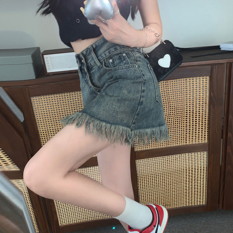 Ruffled Denim Skirt Women's Summer ins Style Spice Girl Retro High Waist Slim A- line Hip Skirt Tassel Short Skirt