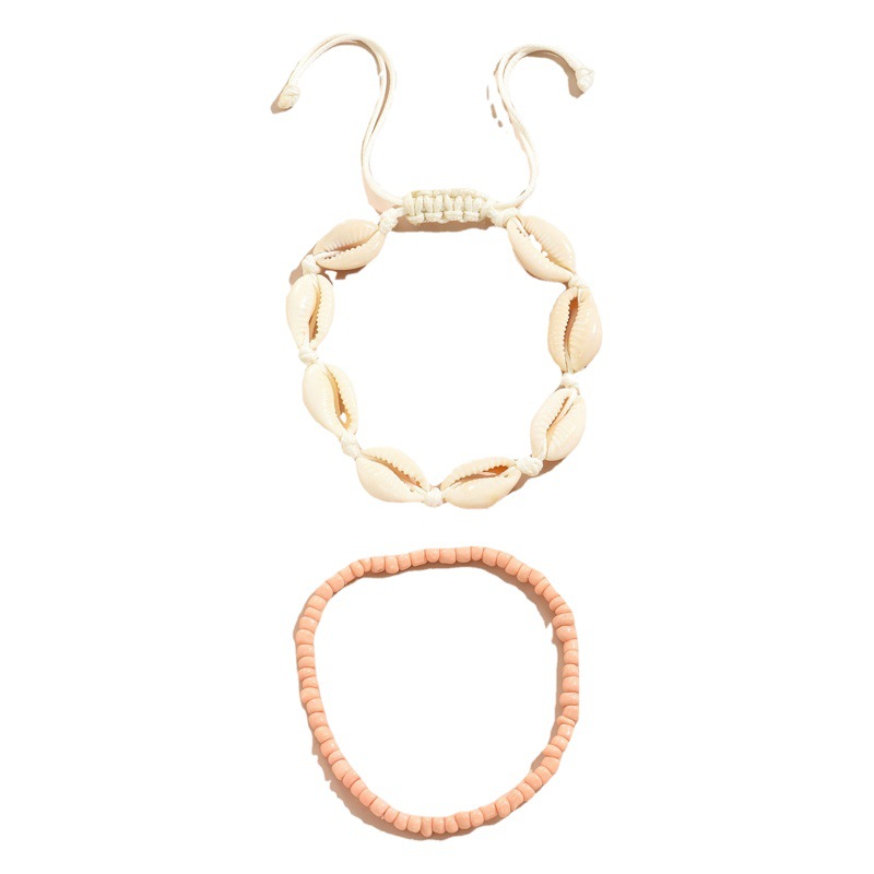 European and American cross-border new bohemian style rice beads beaded anklet two-piece set natural shell knotted foot ornaments wholesale