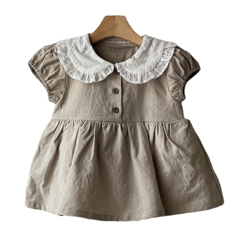 Picture of Ins Kidsren's New Summer Dress Baby Girl Korean Style Cute and Sweet Color-Blocked Collar Puff Sleeves Baggy Culottes
