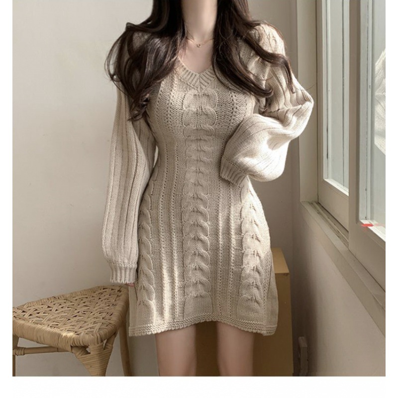 Korean Elegant Gentle V-Neck Twist Slim-Fit Solid Color Lace-Up Knit Dress