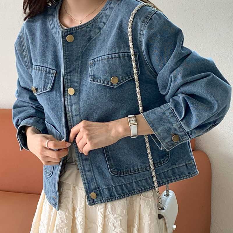 Picture of Autumn New Vintage Collarless Single-breasted Loose All-match Short Pocket Denim Coat Women's Top