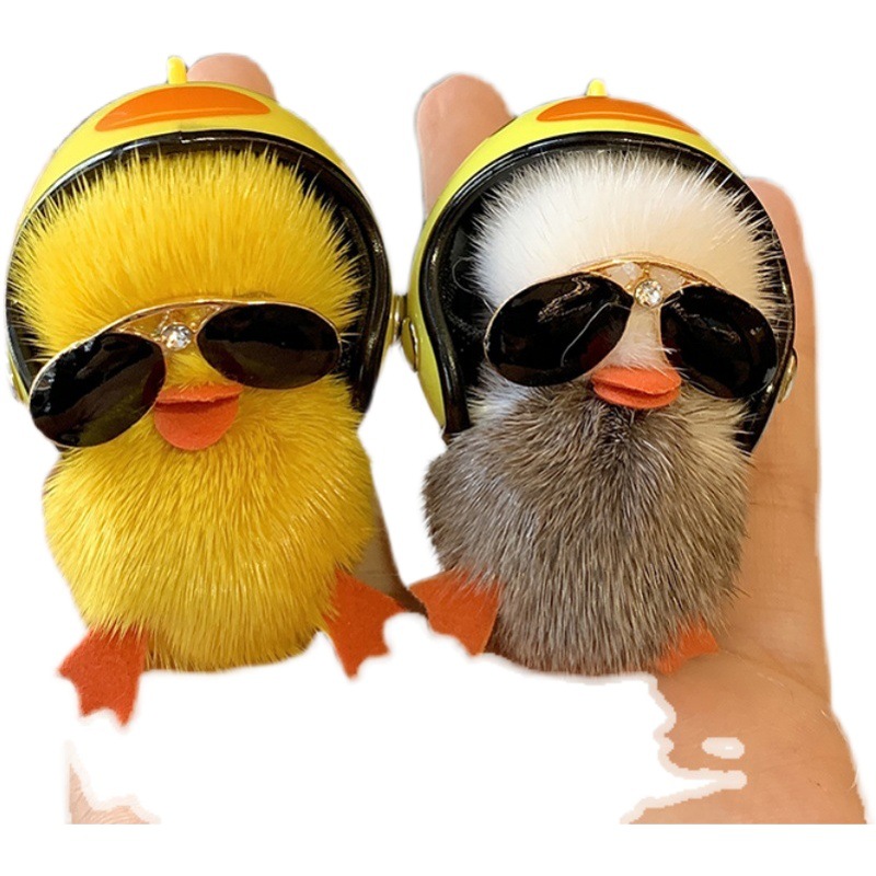 Mini mink fur yellow duck car keychain ornaments cute plush doll doll bag pendant gift