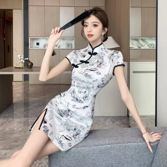 Picture of Chinese Style Girl's Printed Daily Modified Cheongsam Tight Waist Split Short Summer New Style dress Women