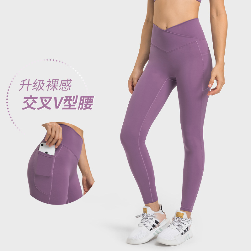 A generation of new high waist cross yoga pants side bag stretch soft skin-friendly running sports fitness pants