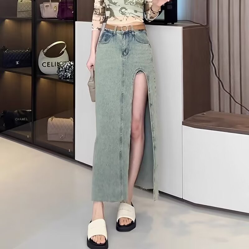 Irregular Split Denim Skirt Women's Summer American Style Retro Sweet Cool Hot Girl High Waist A- Line Hip Long Skirt