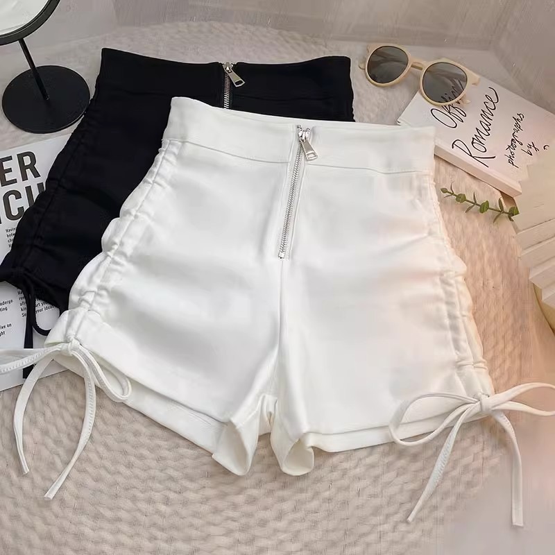 Drawstring Slim High Waist Black Short Pants 2024 Summer New Women's Korean Style Slim-Fit All-Match Wide Leg Hot Pants