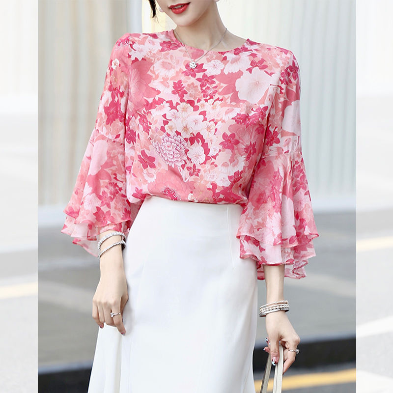 Goddess Pink Rui Jiao Qiao Pink Imitation Silk Printed Seven-point Lotus Leaf Sleeve Crewneck Pullover Loose Top Fashion All-match