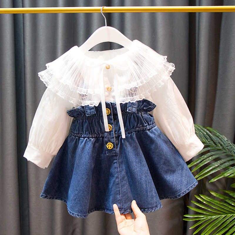 Picture of Instagram Style Girl's Flower Collar Big Shirt with Strap Dress Set Fashionable Korean Style Girl's Two-Piece Suit YY64