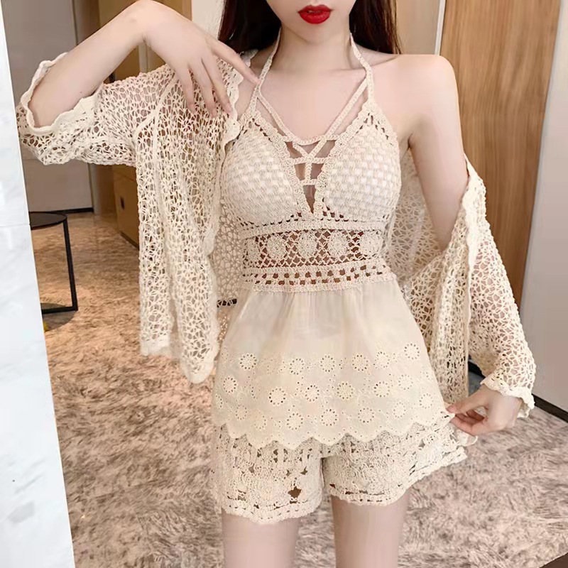 Three-piece sexy small strap halter beauty back tube top belly cover + wide leg short slimming swimsuit hot spring coat for women