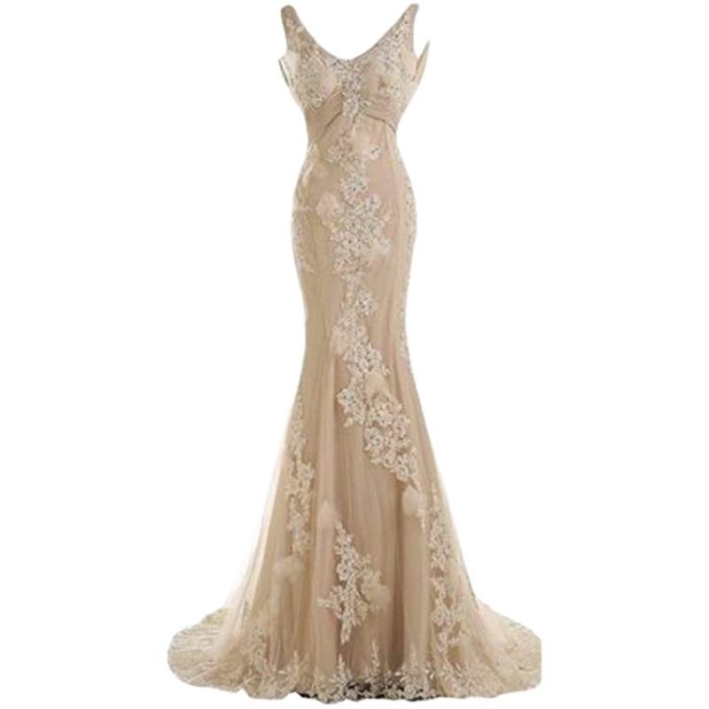 European-style fishtail wedding dress autumn and winter new bridal main wedding dress shoulder lace sleeveless backless mori vintage drag