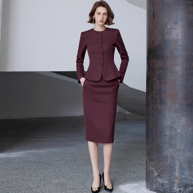 Spring and Autumn New Dark Red Round Neck Slim-fit Slimming Professional suit Work Clothes Bag Hip Figure Dress Dress OL