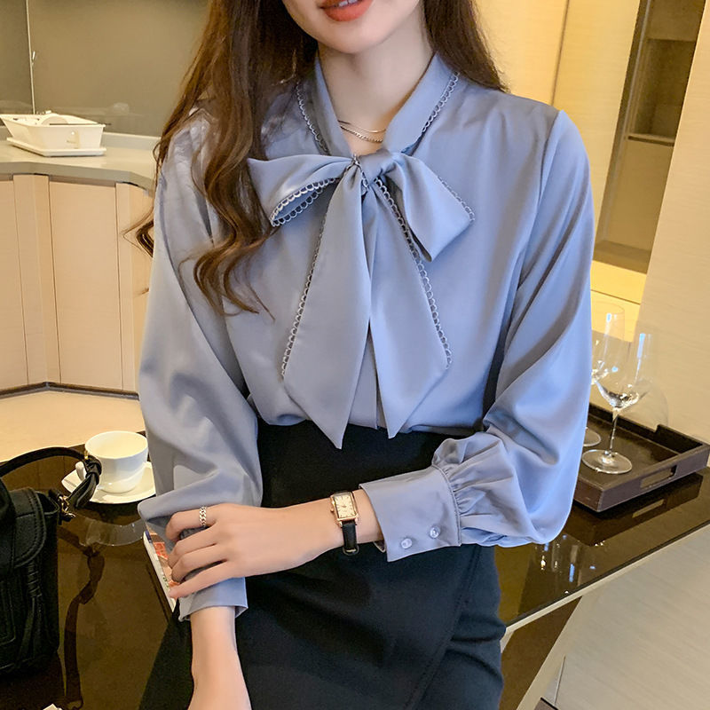 Picture of Shirt Women's Spring Imitation Satin Chiffon Shirt Women's Bow Loose Long-Sleeved Style Shirt