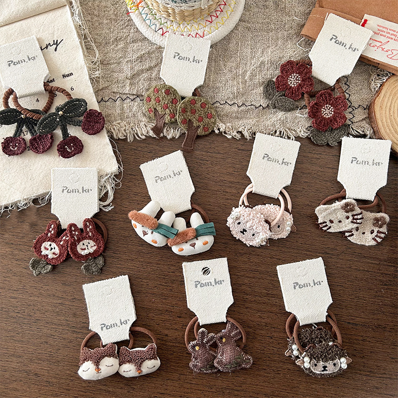 South Korea Cartoon Children's brown Floral Fabric Wool Animal Children's Cute Hair Tie Pony Tail Hair Rope Hair Accessories