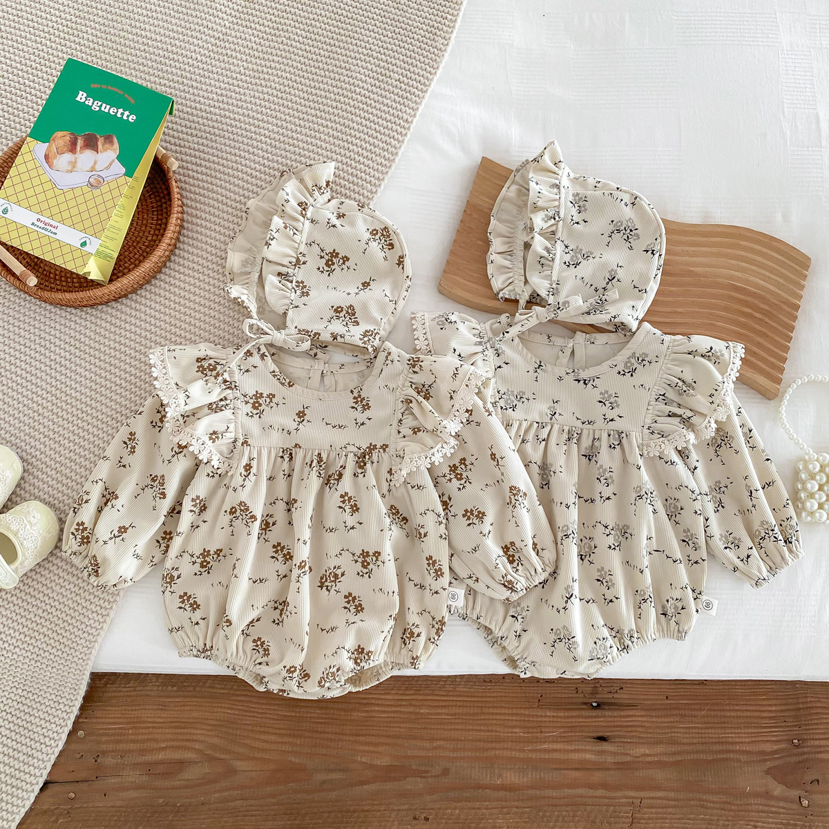 Picture of Ins Korean Infant Spring & Fall Long-Sleeved Harem Baby Girl Corduroy Round Neck Floral Print Cute Crawling Suit with Hood