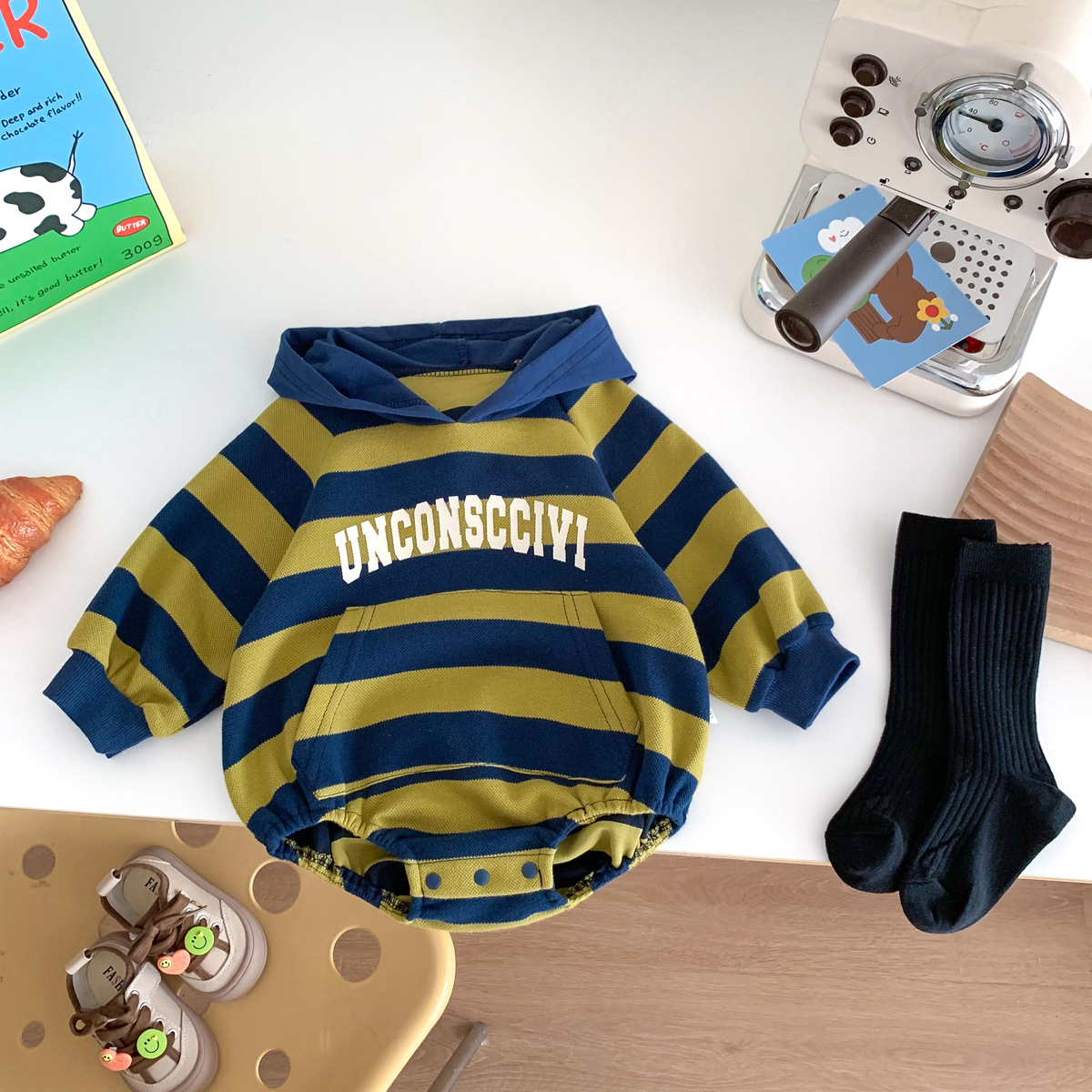 Picture of Ins K-Style Baby Spring & Fall Hooded Stripesd Bag Fart Clothes Newborn Male and Female Baby Fashionable Sweatshirt One-Piece Rompers