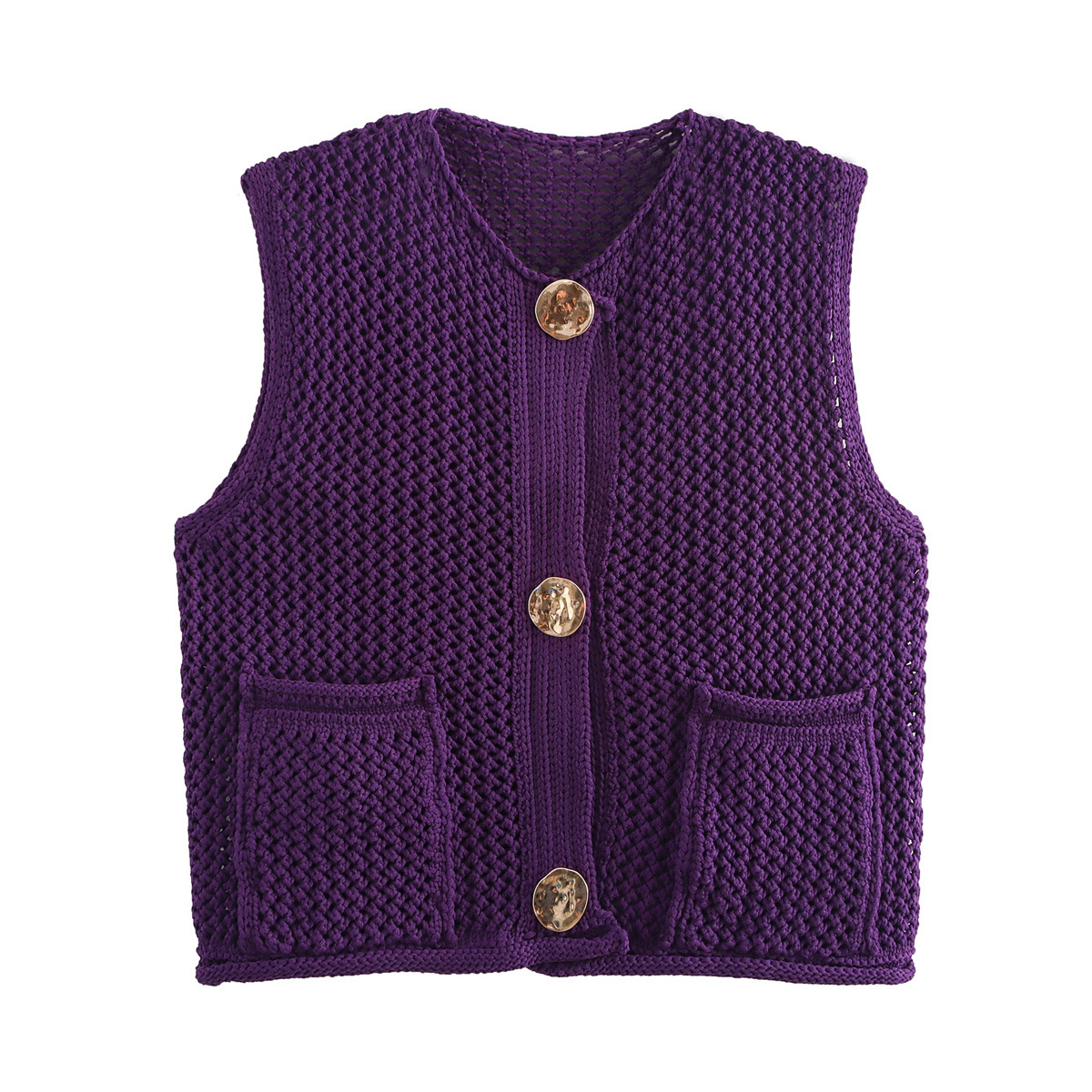 Picture of Women's Solid Color Fashion Hook Needle Hollow Single Breasted Vest 2024 Autumn and Winter New European and American Cross-border Wool Vest