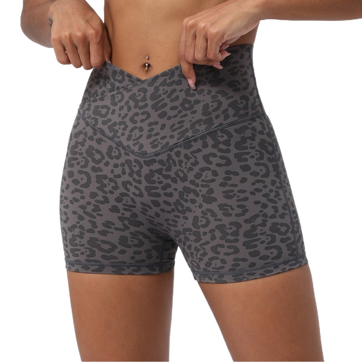 European and American leopard print yoga shorts cross waist tights Peach Hip lifting shorts high elastic running fitness three pants