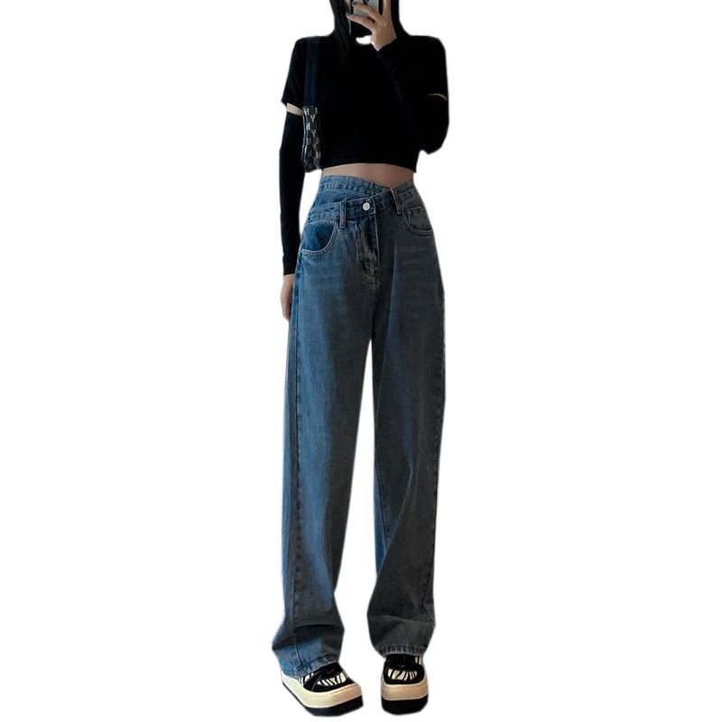 Irregular Inclined Button Jeans Women's 2023 New Spring High Waist Straight Pants Loose Slimming Floor Trousers