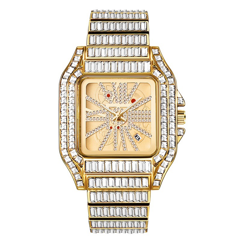 Huaqiang North full diamond hip hop brand watch men's AliExpress diamond gold calendar quartz watch men's one-piece delivery