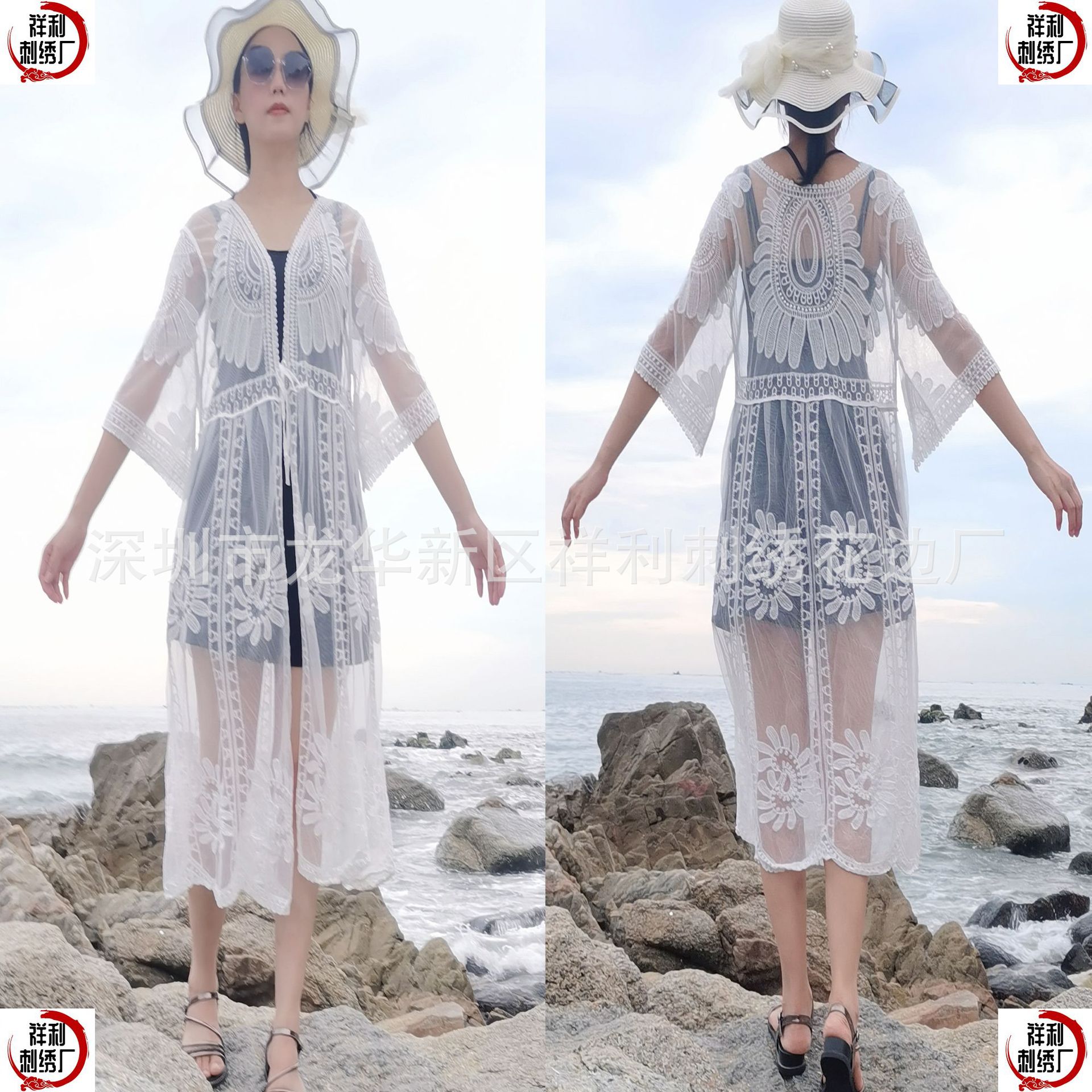 Amazon European and American Hollow Lace Embroidered Cardigan Shawl Mid-Length Sun Protection Skirt Jacket Bikini Beach Cover-Up